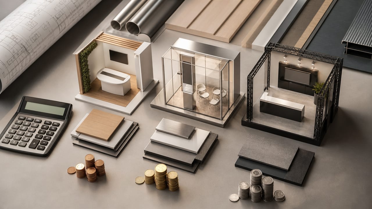 Modern exhibition stand design showing budget-friendly materials and technology in use