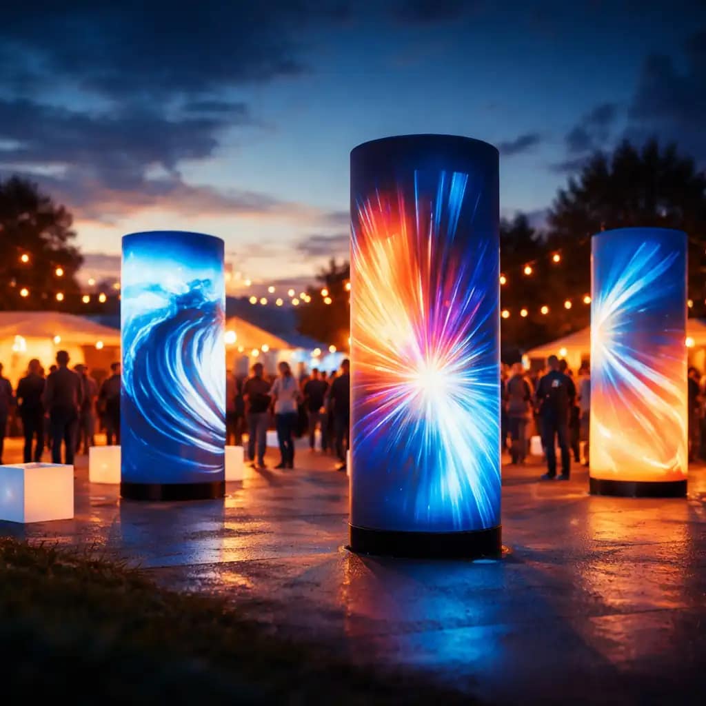 WaveLight Air Towers used as LED inflatable trade show towers in a busy exhibition hall