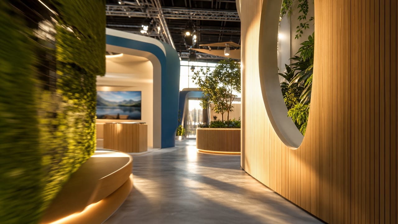 Modern sustainable exhibition stand with LED screen, seating and branded product display zones in Australia