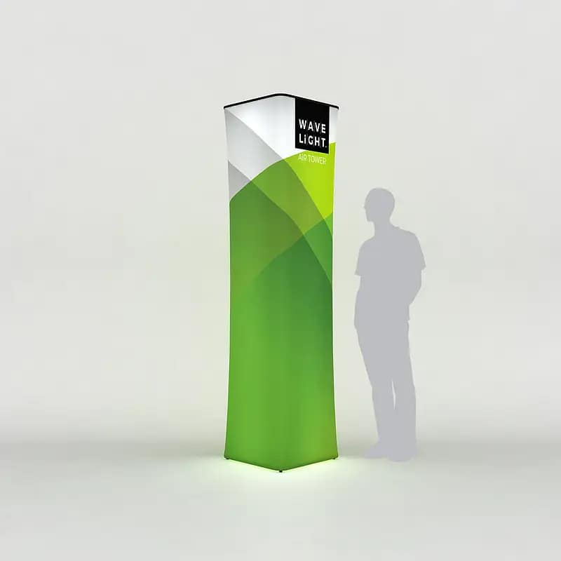 Illuminated WaveLight® Air Tower showcasing customizable branding, ideal for attracting attention at events and exhibitions.