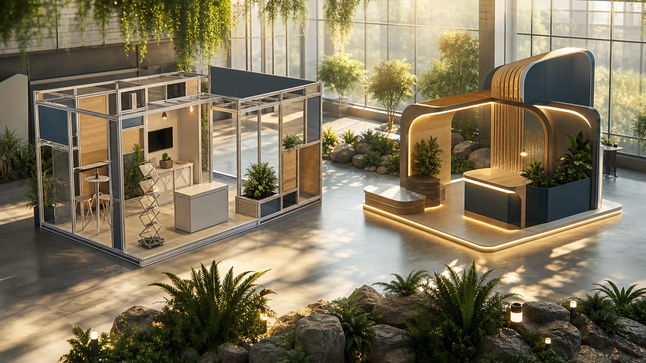 Australian exhibition stand comparing modular and custom design for cost and flexibility