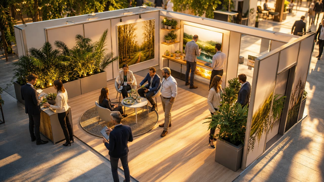 Open, well-lit shell scheme exhibit using vertical space and clear walkways to maximise floor area and engagement