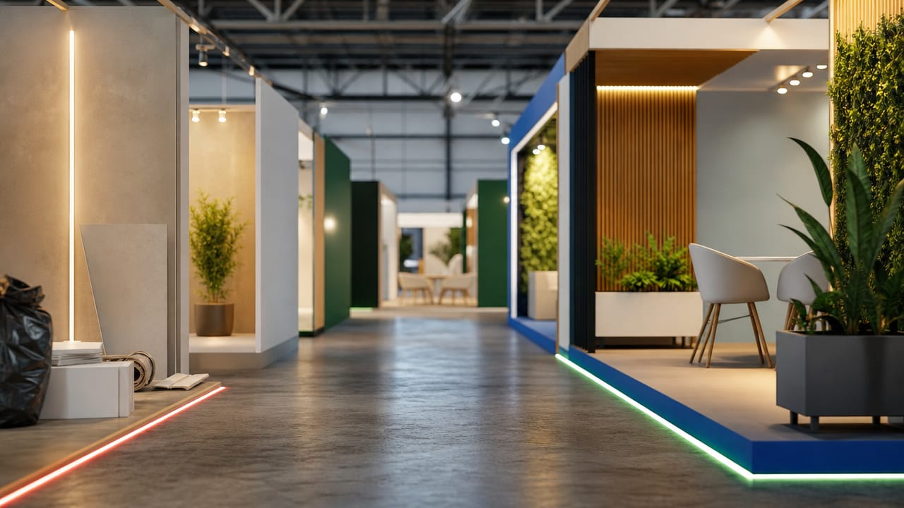 Australian shell scheme booth with branded graphics, lighting and furniture creating a professional trade show display