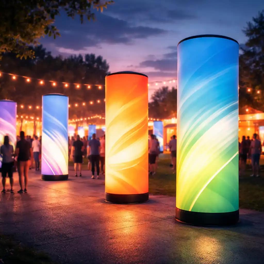 WaveLight Air Towers creating bright backlit inflatable marketing displays at a busy trade show