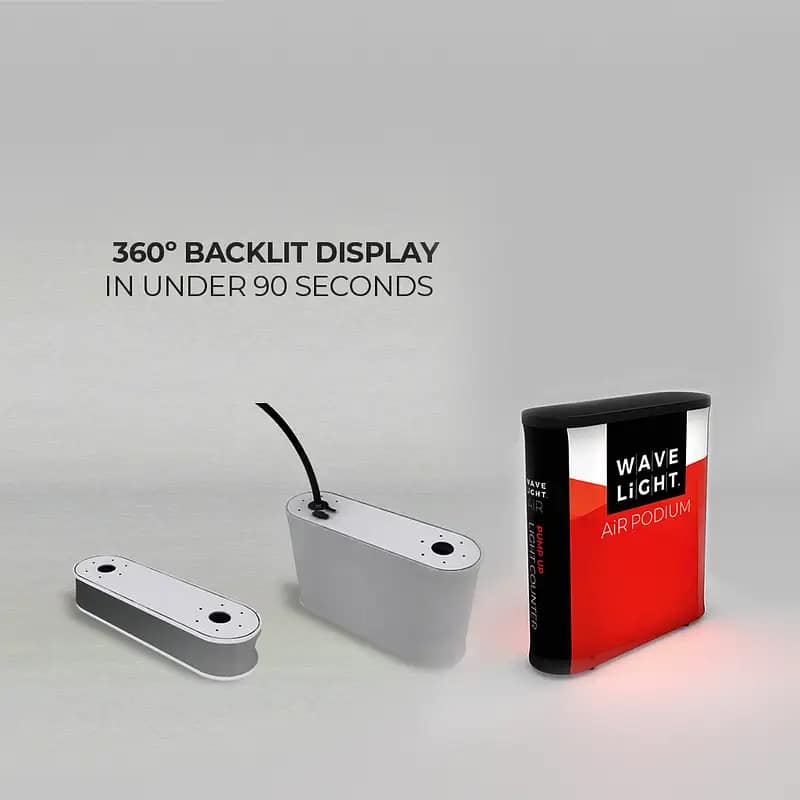 Portable WaveLight® Air Podiums showcase a 360° backlit display, emphasizing lightweight design for easy transport.