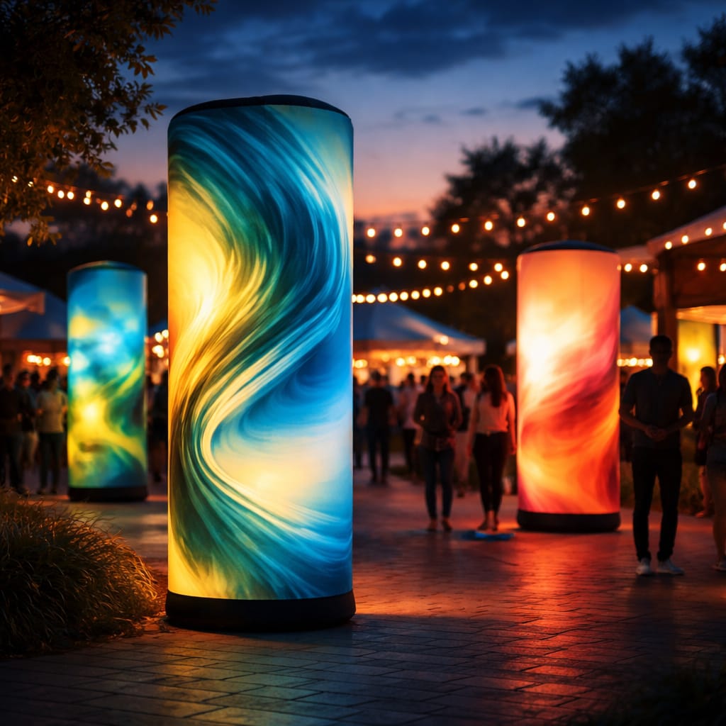 WaveLight Air Towers used as 360-degree inflatable backlit towers to boost visibility at a trade show