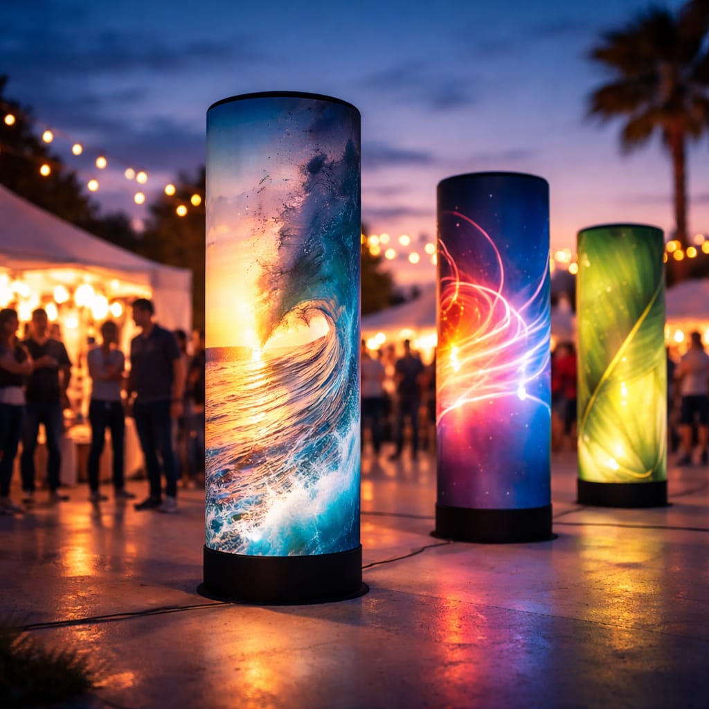 WaveLight Air Towers glowing as inflatable LED event displays to maximise brand visibility at a busy trade show