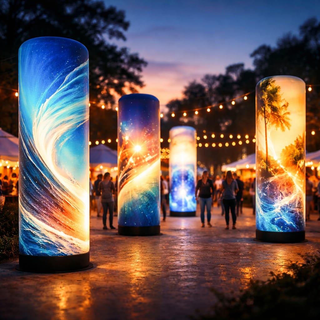 WaveLight Air Towers creating a vibrant backlit event entrance