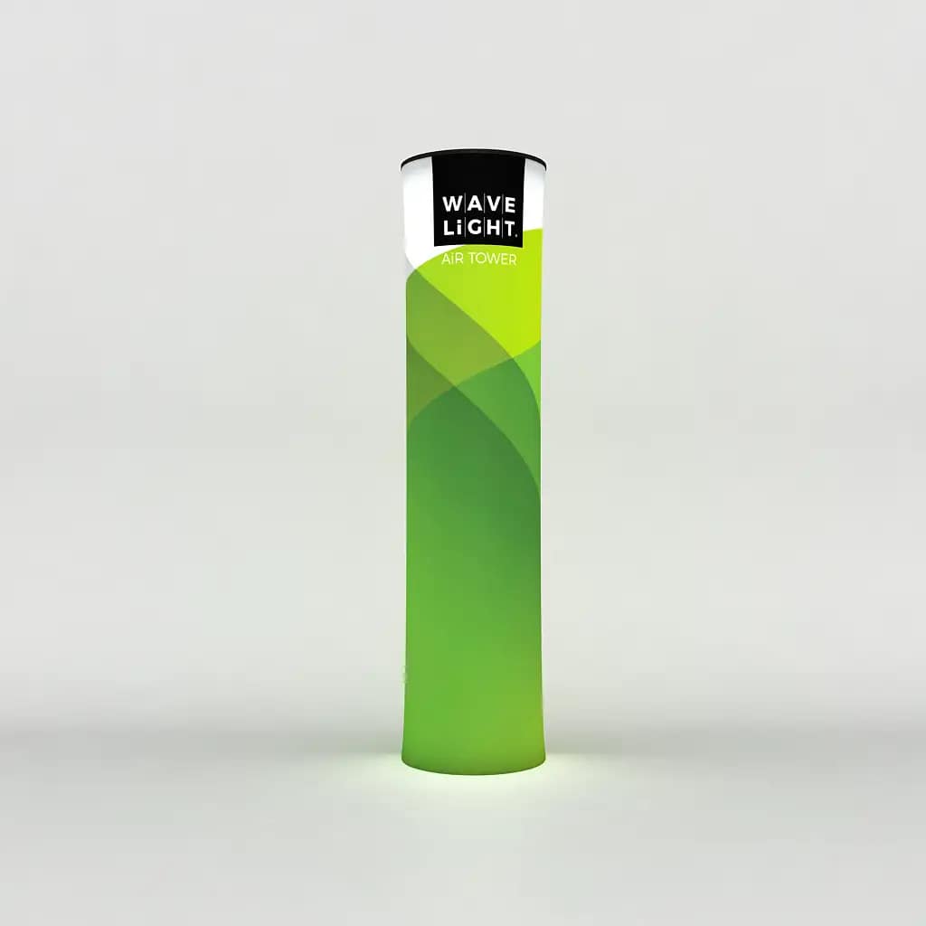 Bright green WaveLight® Air Tower showcasing customizable event signage for portable advertising solutions.