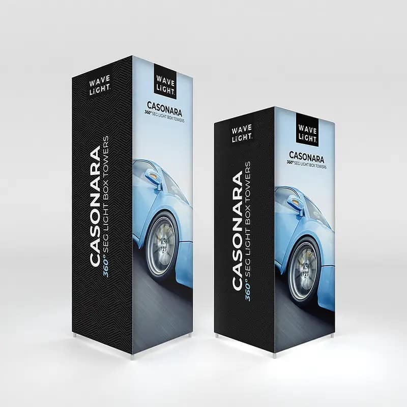 Backlit WaveLight® Casonara Towers showcase portable exhibition solutions for quick assembly and impactful displays.