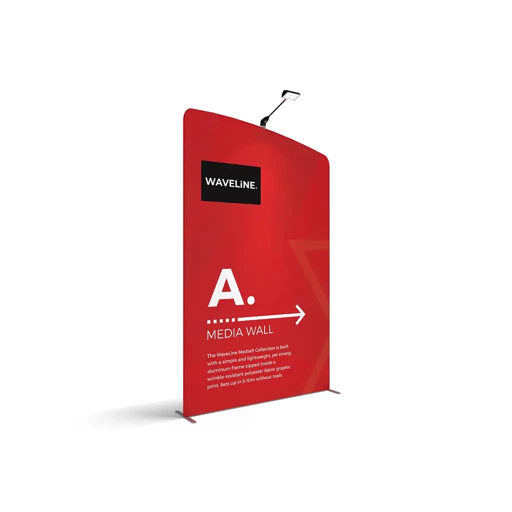 Portable WaveLight® tension fabric banner with vibrant graphics, ideal for cost-effective exhibition displays.