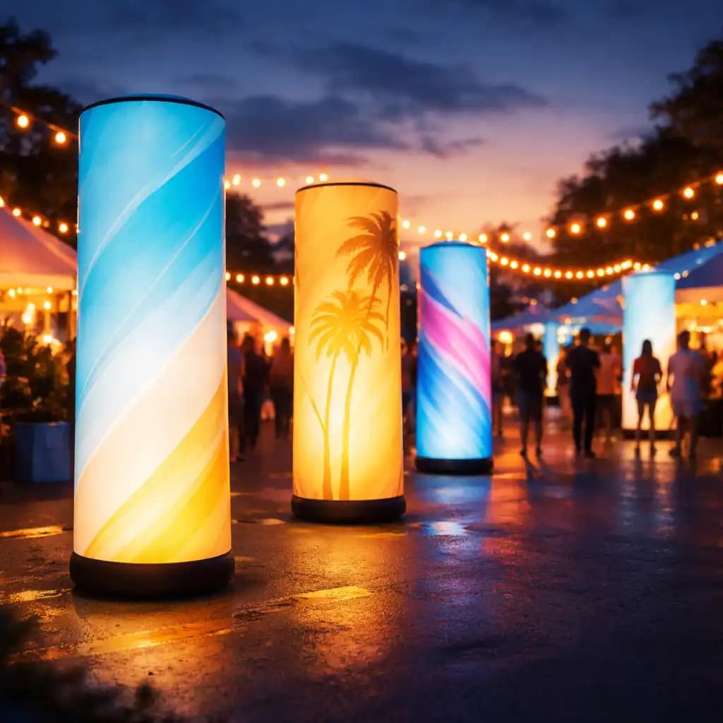 WaveLight Air Towers with 360 degree illuminated branding attracting attention at a busy trade show
