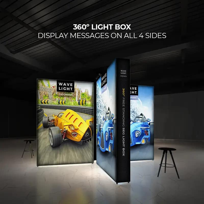 Backlit WaveLight Casonara banners showcase vibrant graphics, enhancing trade show visibility and engagement.