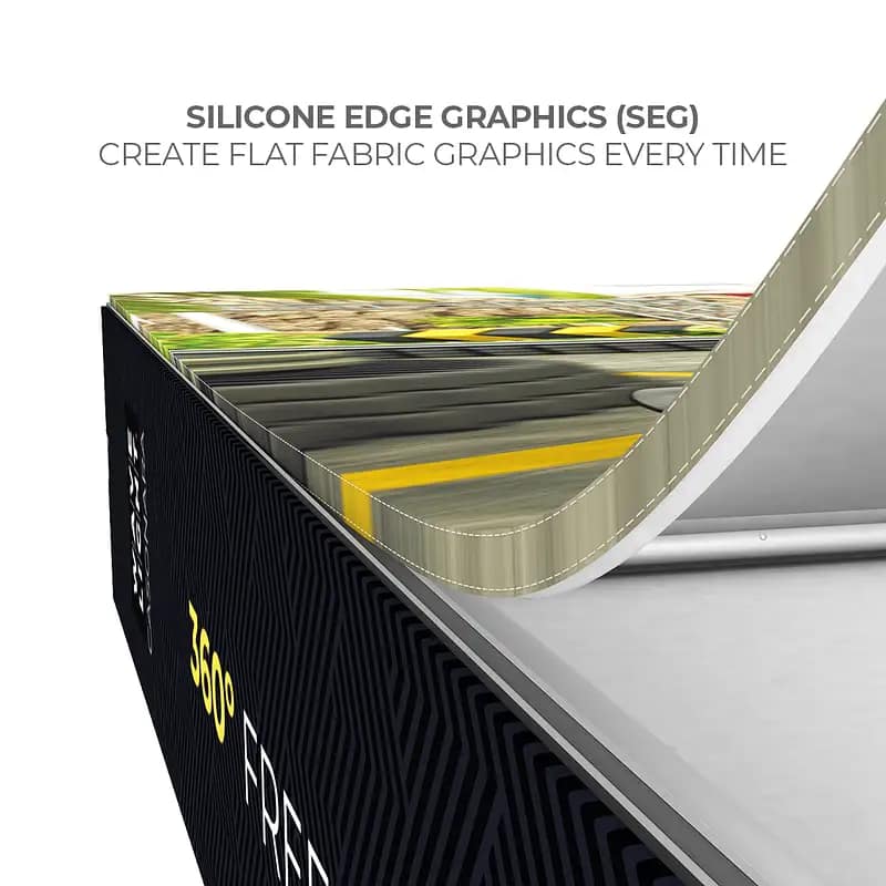 Silicone edge graphics showcase a seamless design for custom fabric banner displays, enhancing trade show marketing tools.