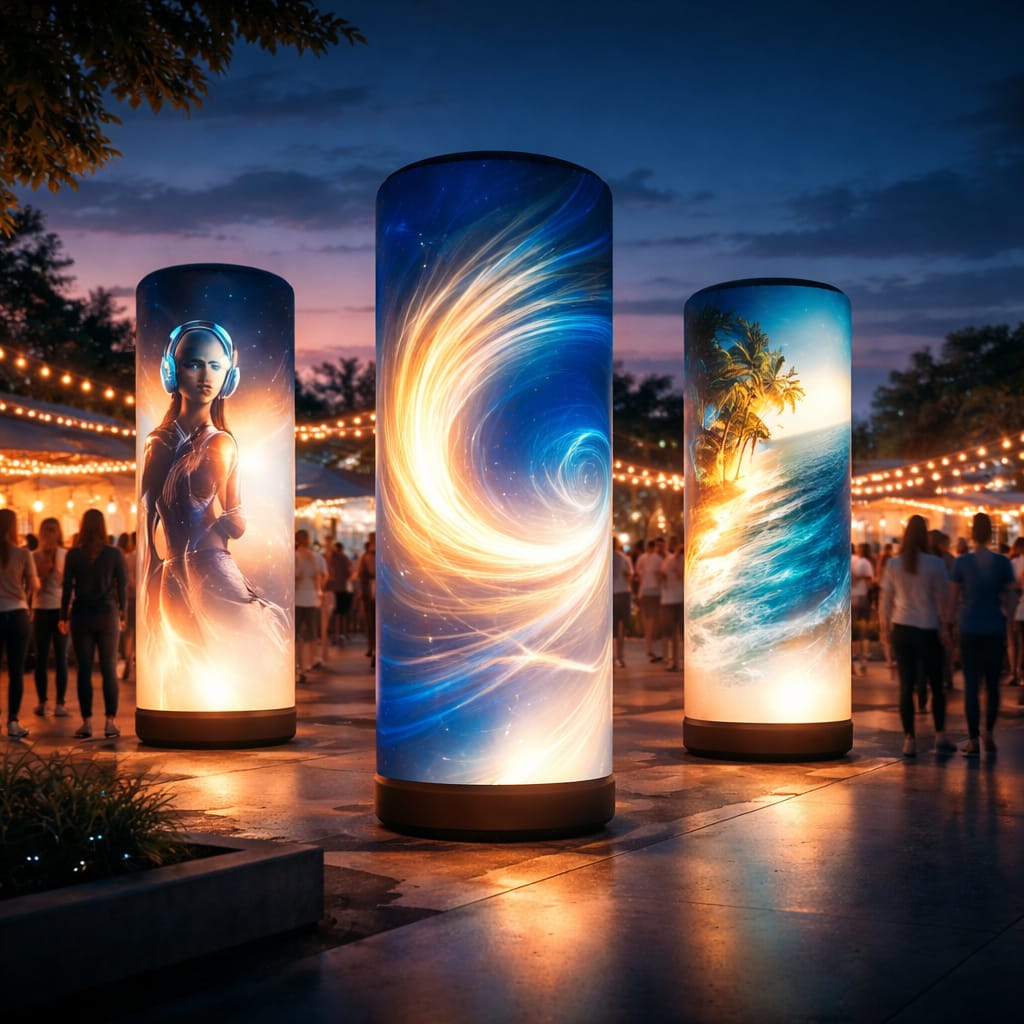 WaveLight Air Towers at a 2026 trade show, creating a bright immersive brand experience