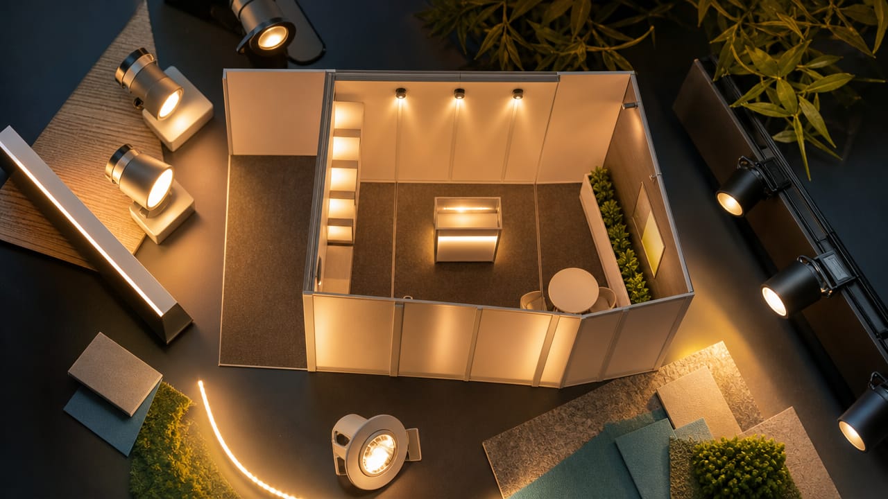 LED lights for shell schemes illuminating products and graphics in a compact Australian trade show booth