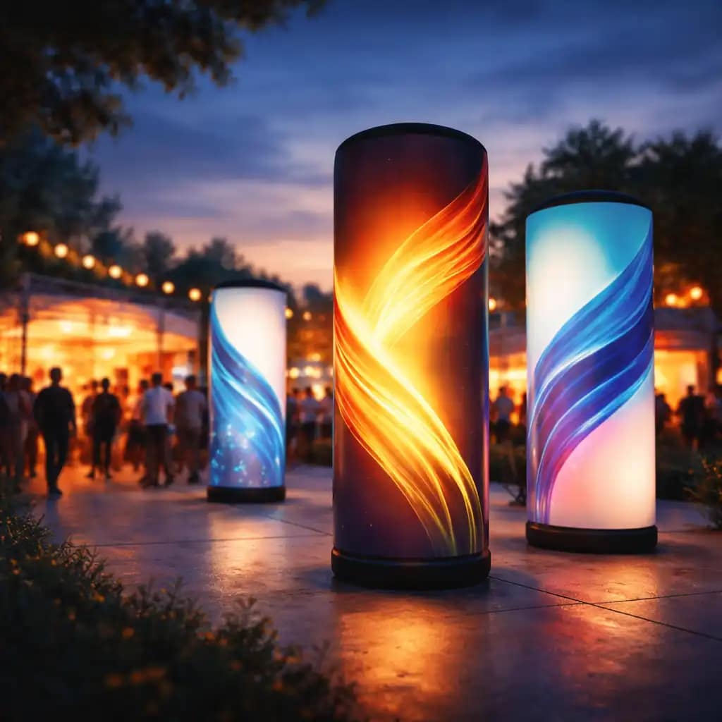 WaveLight Air Towers creating a glowing backlit trade show landmark with 360-degree branded graphics