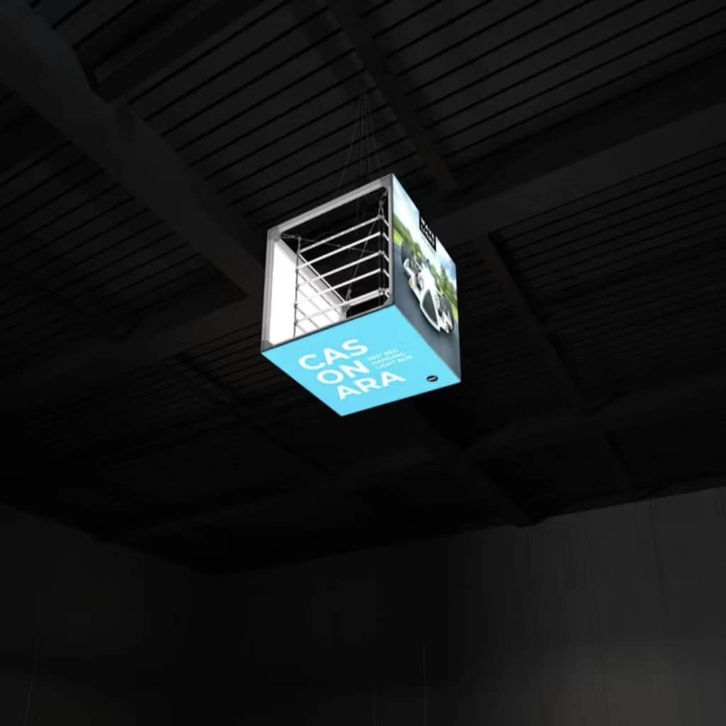 Elevate your trade show visibility with a WaveLight Casonara hanging banner showcasing vibrant graphics and illumination.