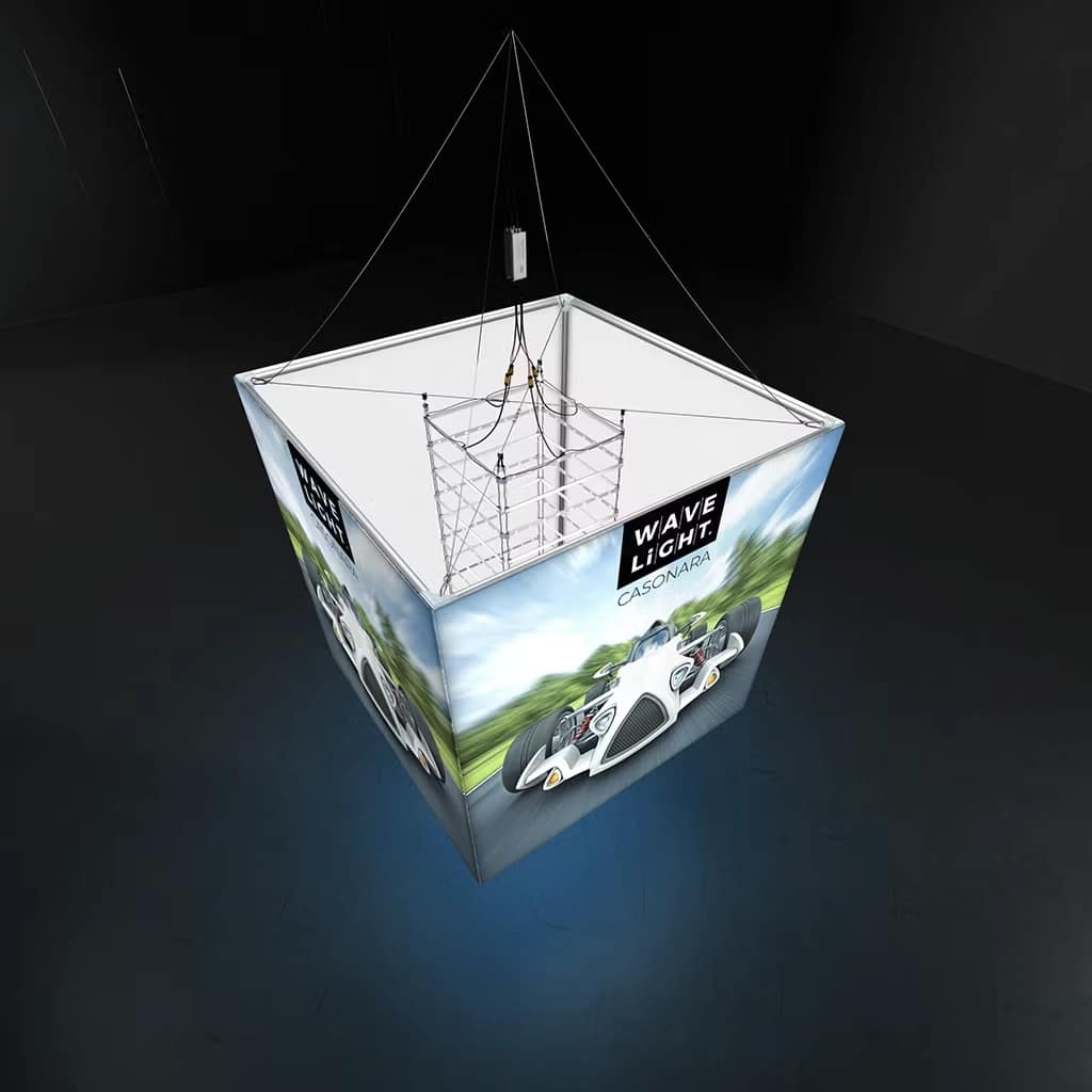 Innovative WaveLight Casonara suspended lightbox display enhances trade show visibility with vibrant graphics and LED