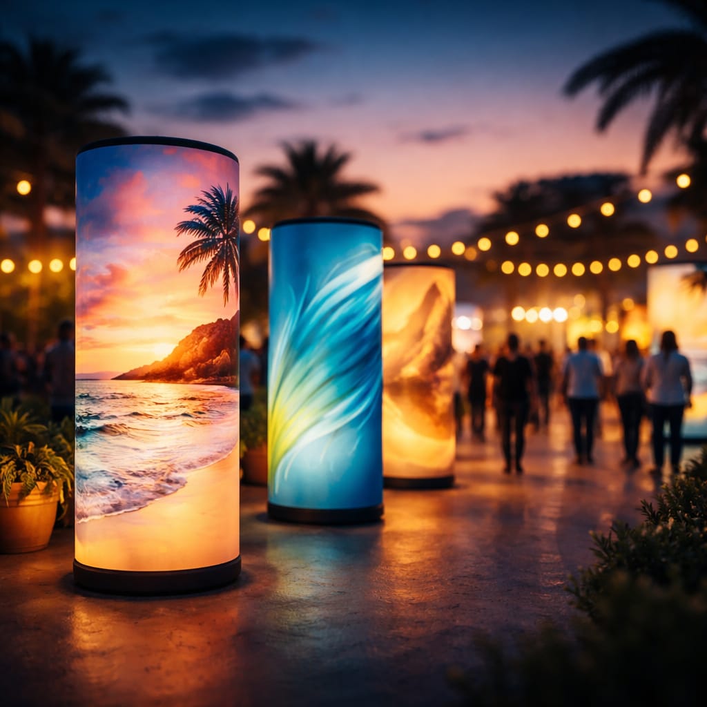 WaveLight Air Towers showcasing portable inflatable backlit towers with bright branded graphics at an indoor event