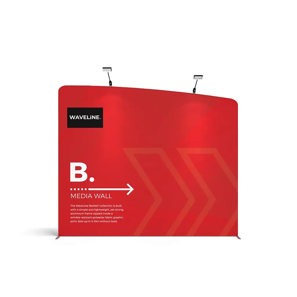 Waveline Media Banner showcasing a portable trade show display, highlighting cost-effective event signage solutions.