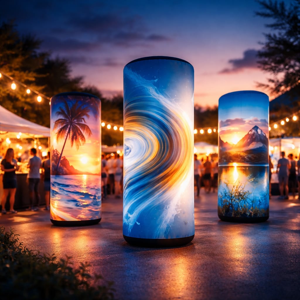WaveLight Air Towers inflatable backlit towers create vibrant illuminated branding at trade show events