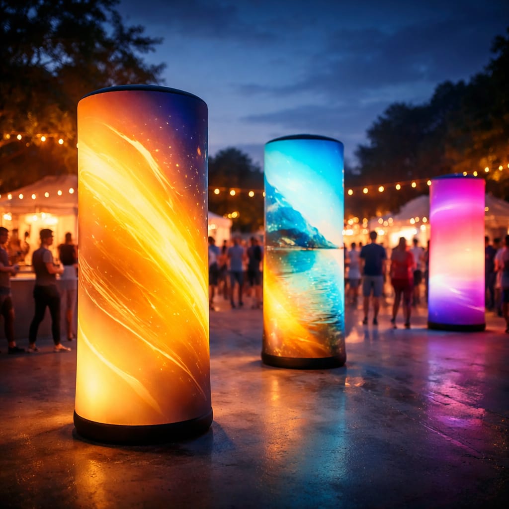 WaveLight Air Towers used as backlit inflatable marketing displays at a busy trade show booth