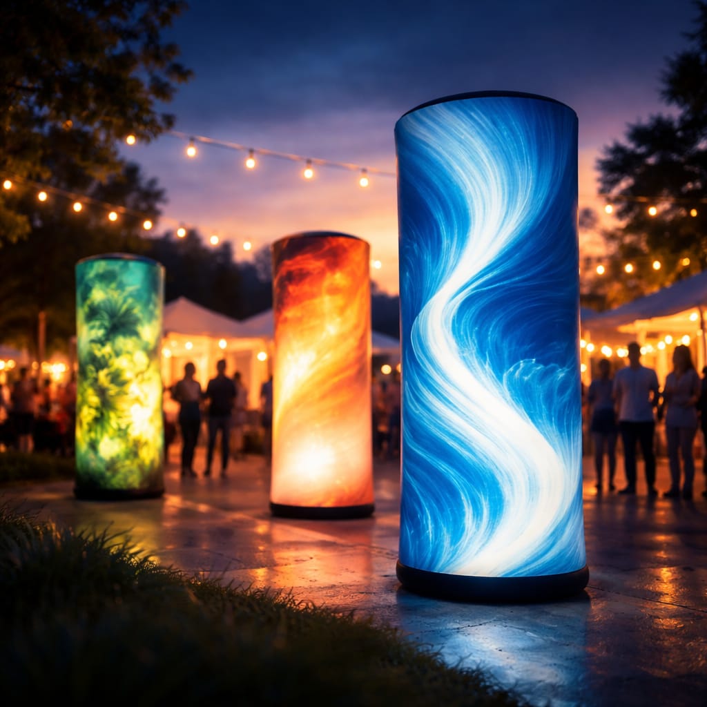 Trade show inflatable light towers showcasing branded inflatable light displays in a dark exhibition hall