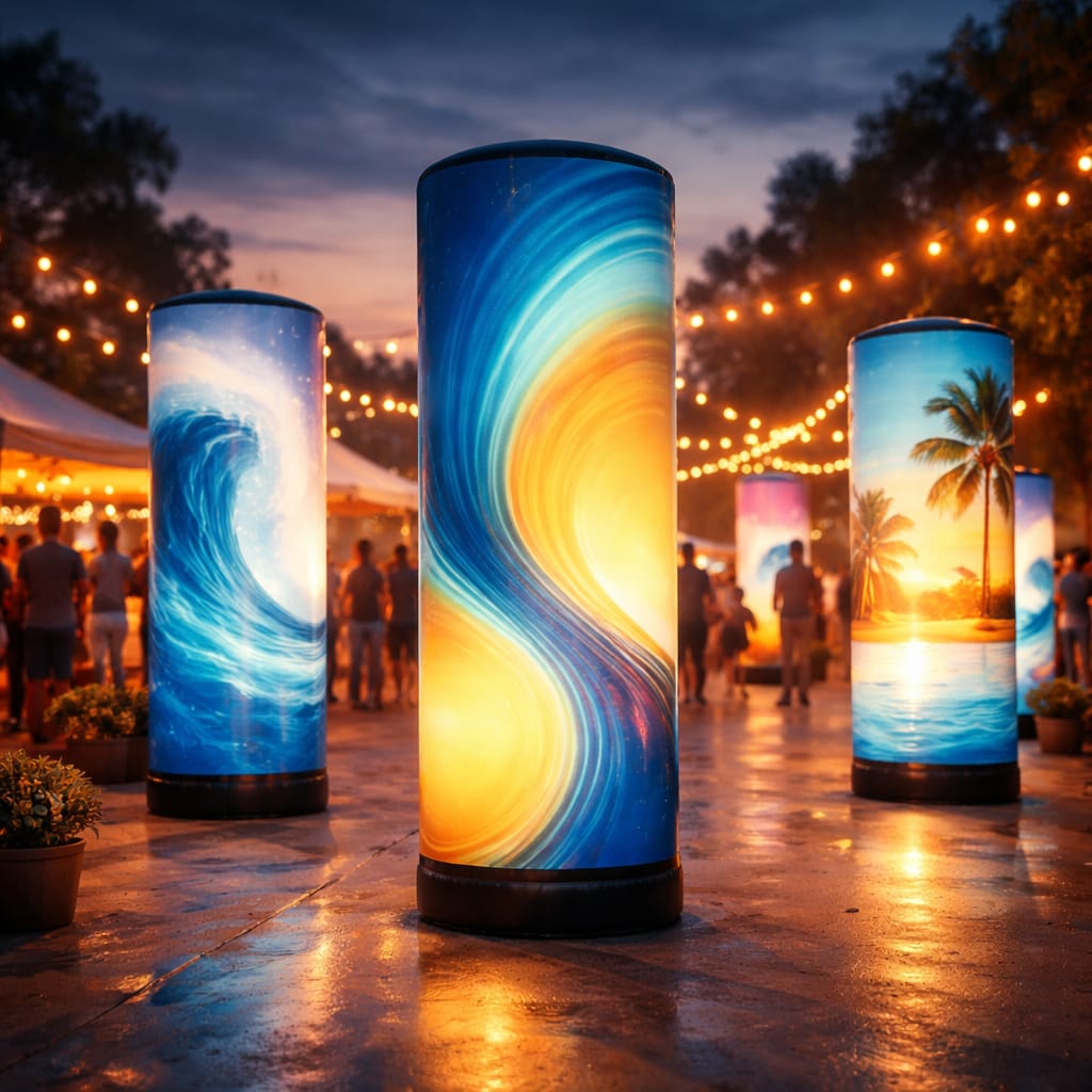 WaveLight Air Towers creating illuminated inflatable brand columns at a busy trade show entrance
