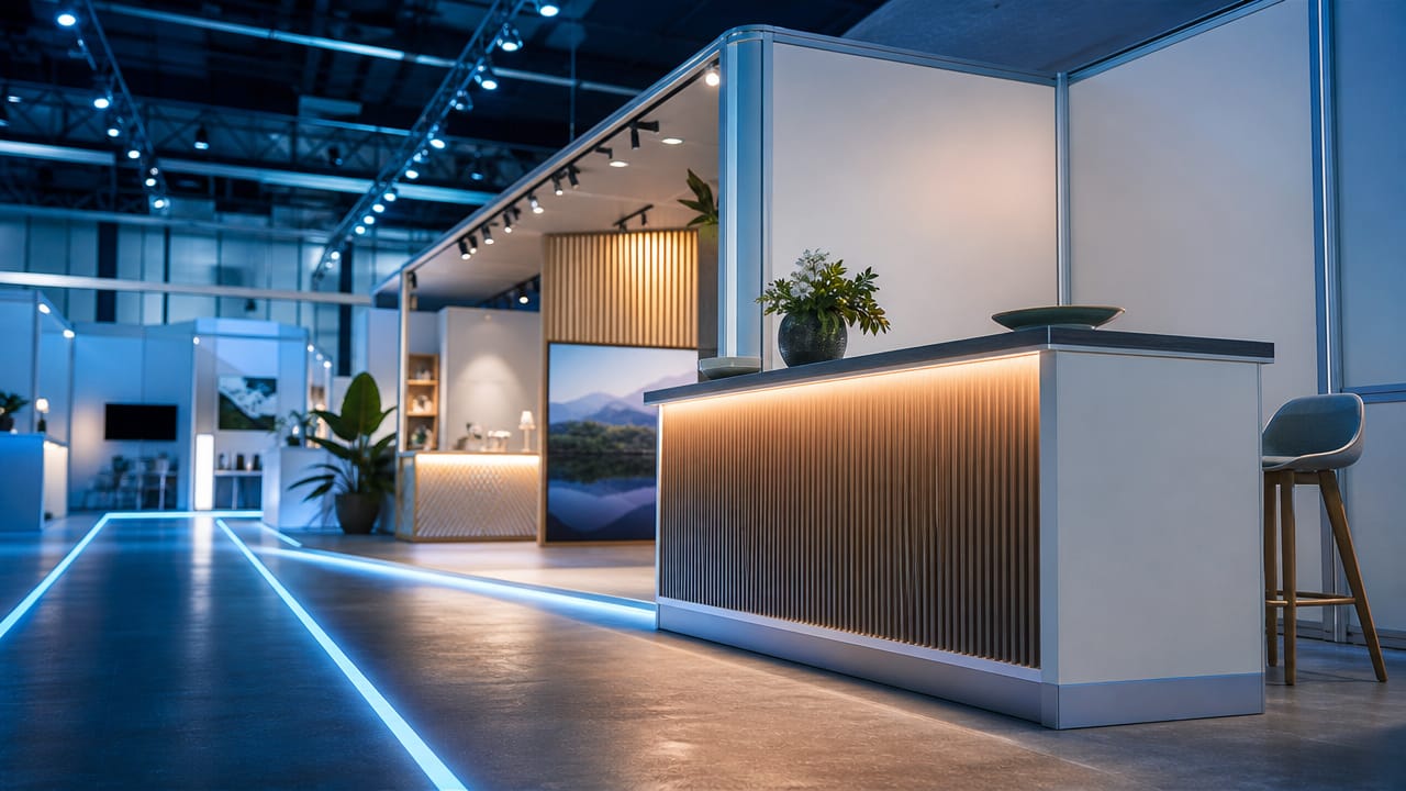 Well-positioned exhibition counter in a shell scheme stand enhancing branding and visitor engagement