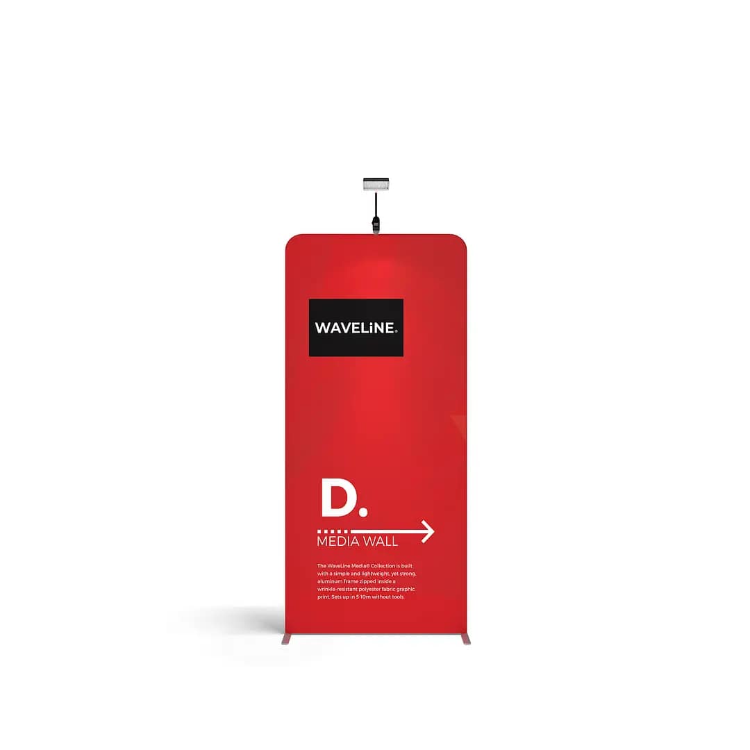 Custom Waveline Media Banner showcasing vibrant graphics, ideal for portable trade show displays and high-quality event