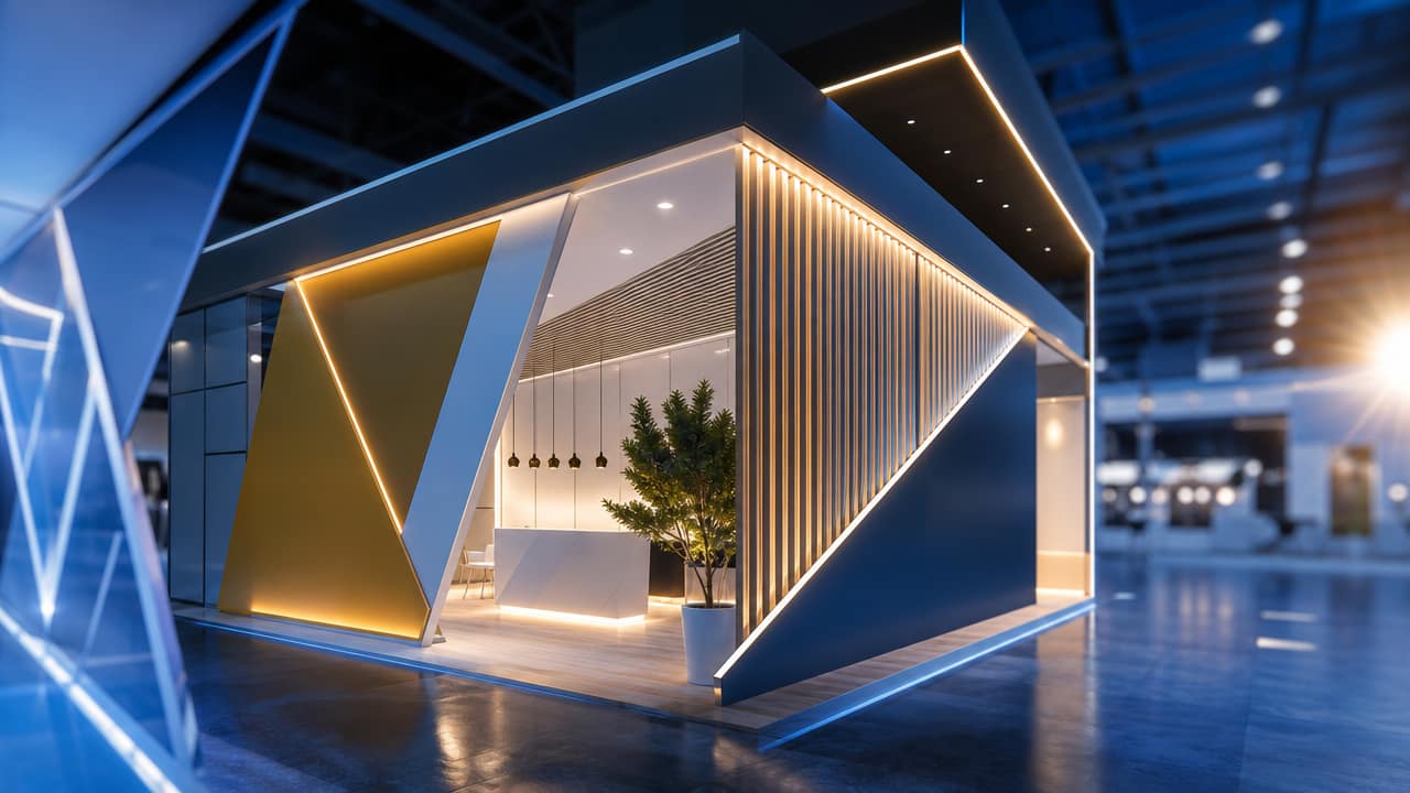 Customised exhibition booth with branded shell scheme walls and lighting at an Australian trade show