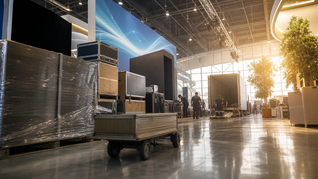 Australian exhibition freight being unloaded at a convention centre loading dock under time pressure