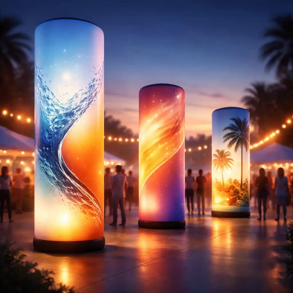 WaveLight Air Towers as illuminated inflatable brand columns in a trade show booth enhancing visibility and branding