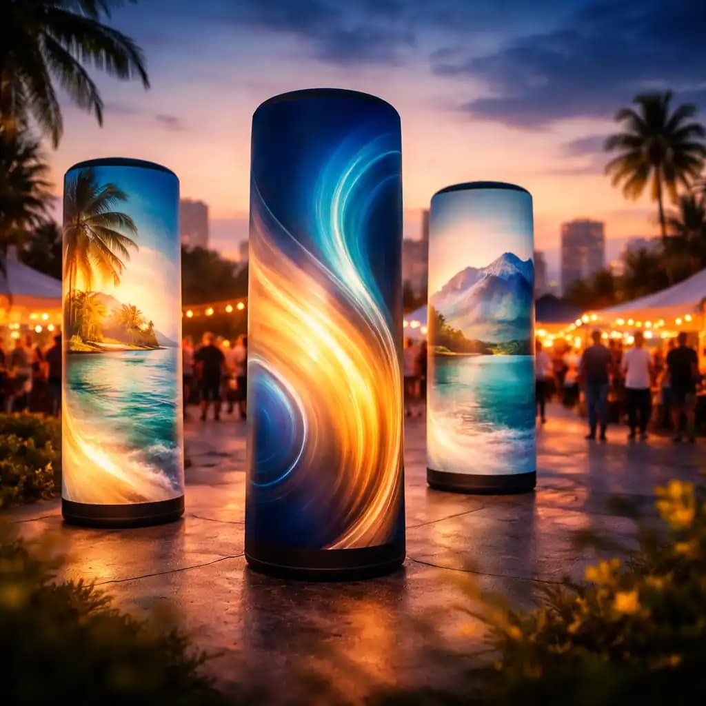 WaveLight Air Towers glowing as trade show backlit air towers to highlight a branded booth