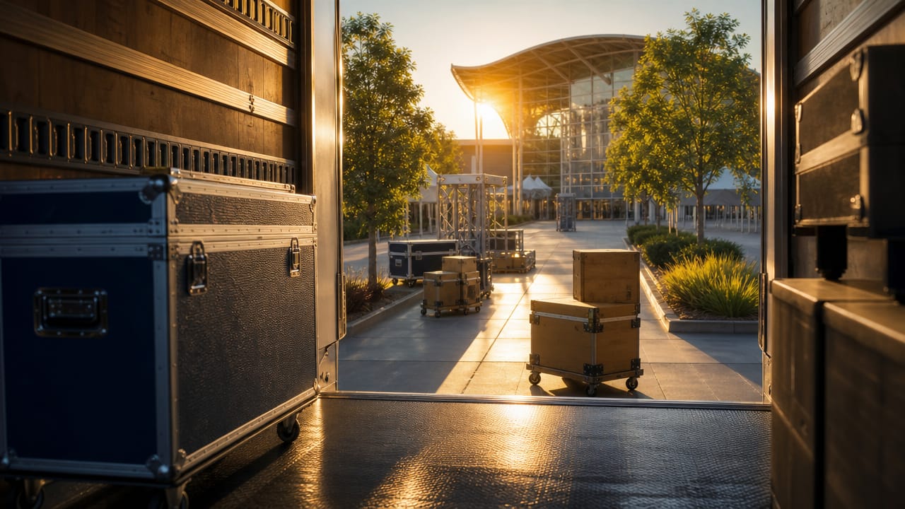 Forklifts moving exhibition freight at an Australian expo venue loading dock, showing coordinated trade show logistics