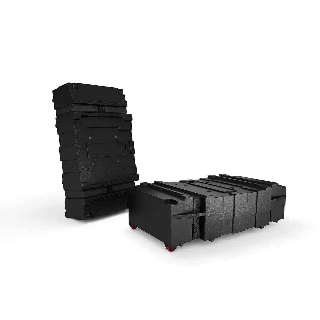 Portable WaveLine® counters stacked for easy transport, showcasing efficient exhibition solutions for events.