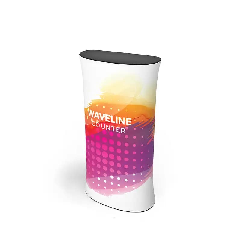 Colorful WaveLine® counter showcasing its design, ideal for portable exhibition solutions and trade show displays.