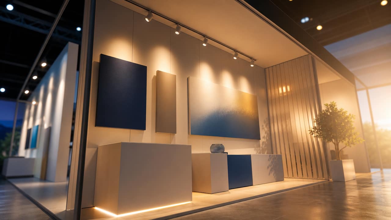 Australian exhibition stand using shell scheme lighting design to highlight brand graphics and products