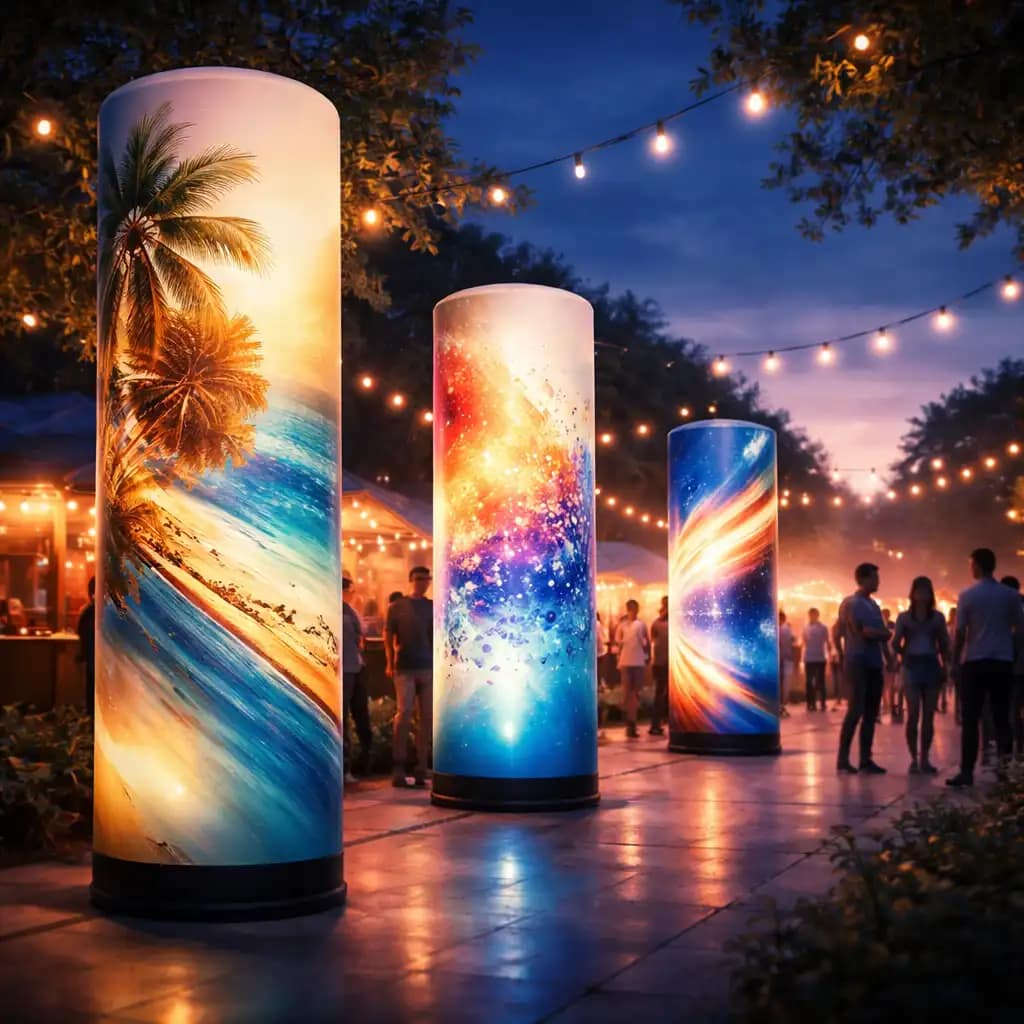 Trade show WaveLight Air Towers displays with branded inflatable light towers attracting visitors
