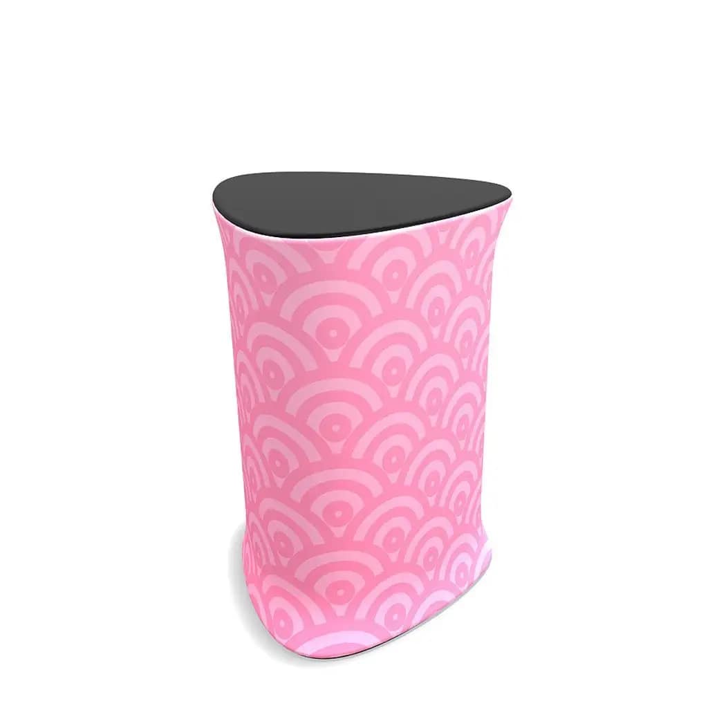 Portable exhibition counter with a stylish pink design, ideal for trade shows and retail activations.