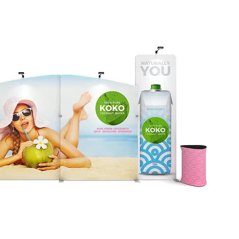 Custom display counters featuring KOKO Coconut Water, showcasing portable exhibition solutions for events.