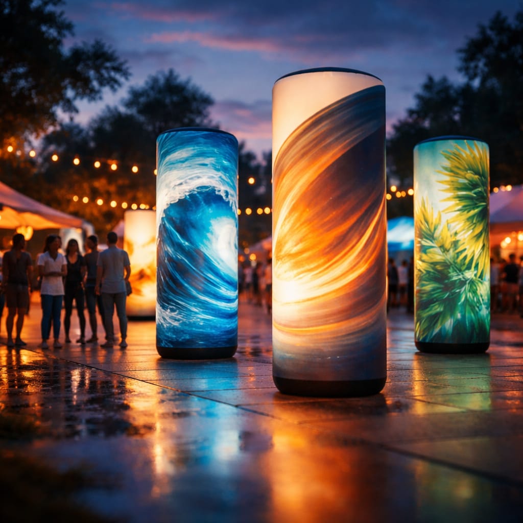 WaveLight Air Towers inflatable backlit towers showcasing illuminated branding at a busy trade show event