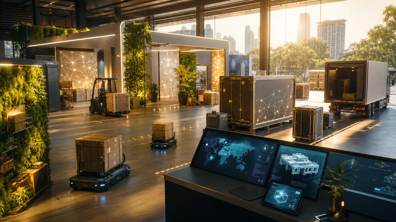 Australian exhibition freight team using digital trade show logistics tools in a smart warehouse