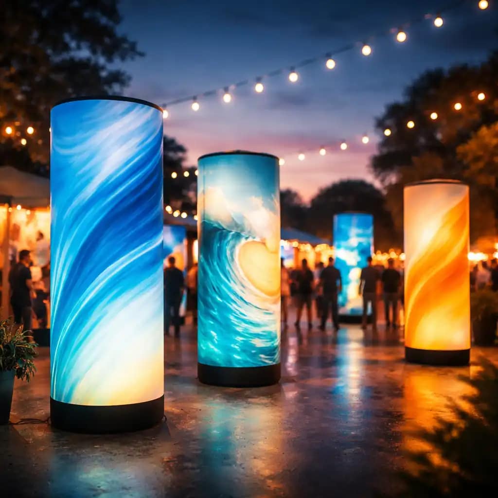 WaveLight Air Towers trade show booth with LED-lit inflatable branding and custom graphics