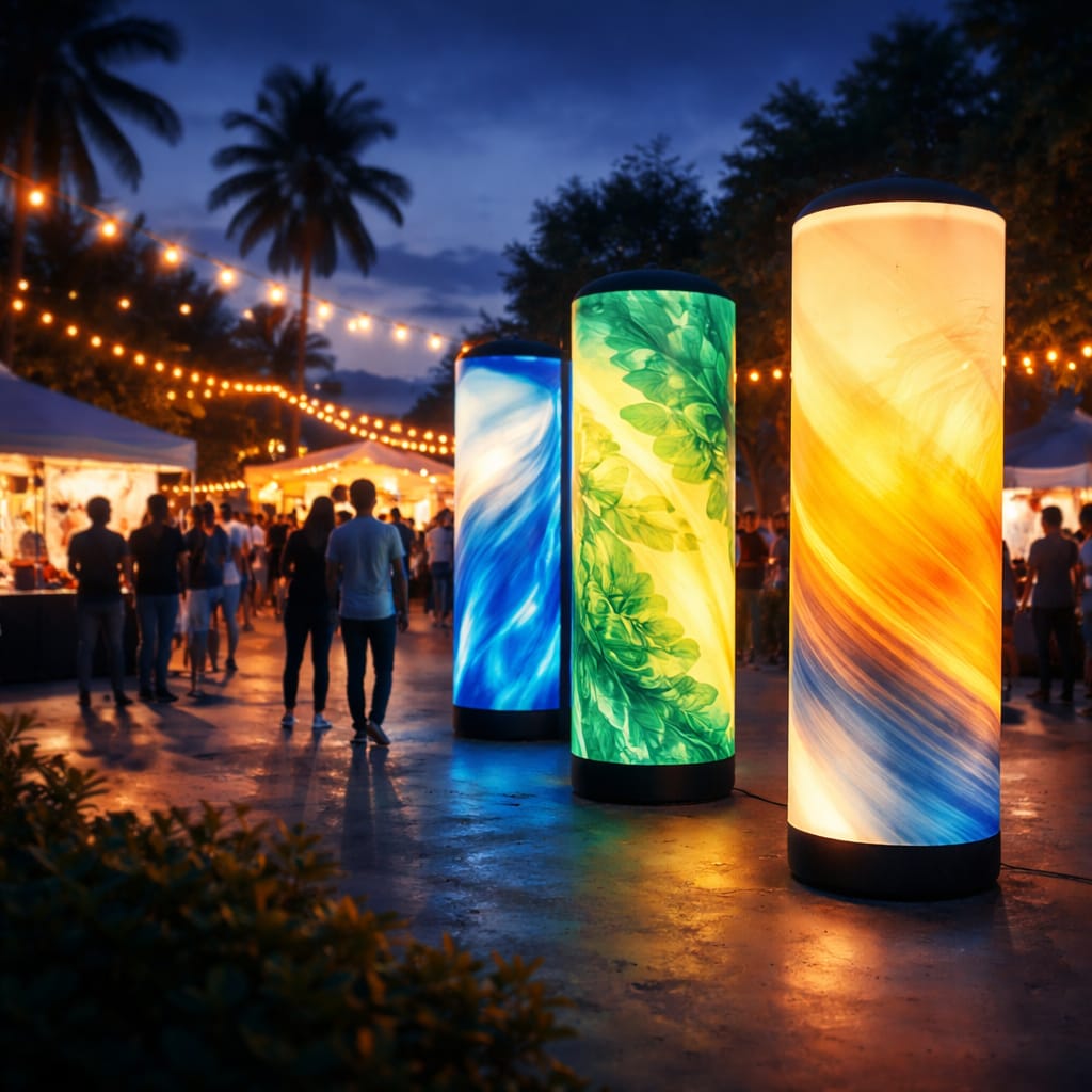 WaveLight Air Towers as interactive illuminated branding towers at a busy trade show