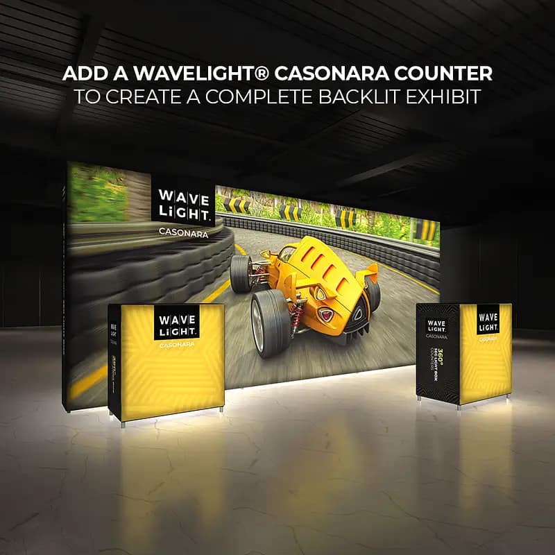 WaveLight® Casonara lightboxes create an eye-catching backdrop for trade show booths, enhancing brand visibility and