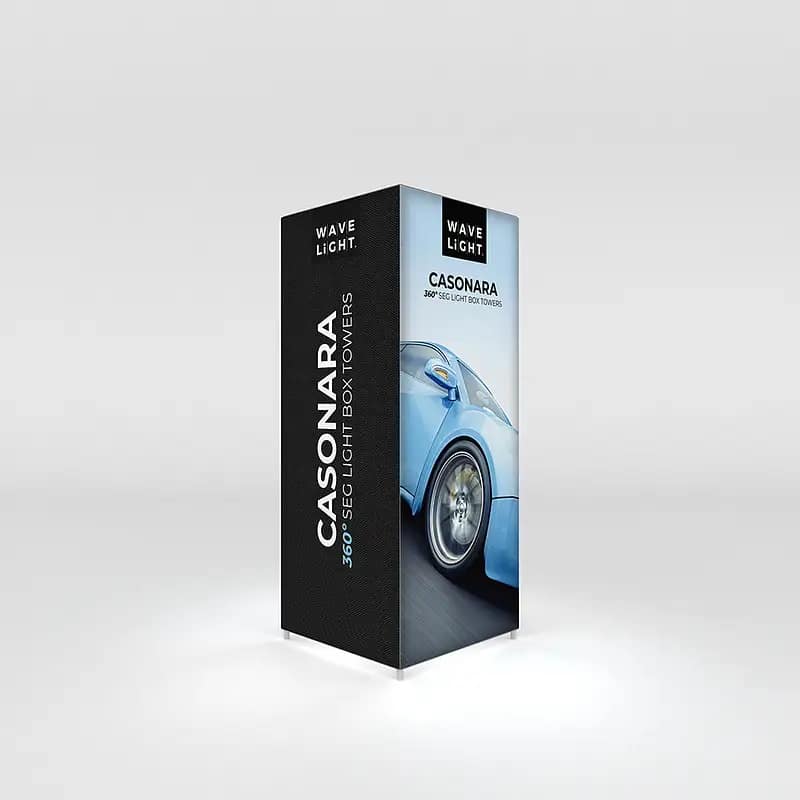 Illuminated WaveLight® Casonara Tower showcasing vibrant graphics, ideal for portable display solutions at events.