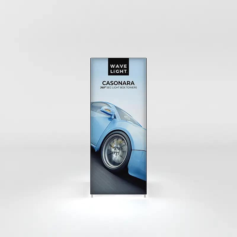 WaveLight® Casonara Tower showcasing vibrant graphics, ideal for portable display and customizable event signage.