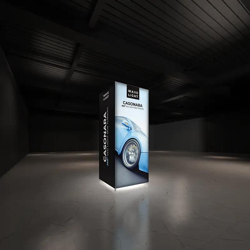 Brightly illuminated WaveLight® Casonara Tower showcasing vibrant graphics, ideal for portable display solutions at events.